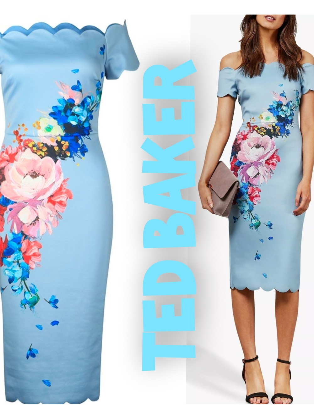 Ted Baker Light Blue Floral Scallop Off-Shoulder Dress